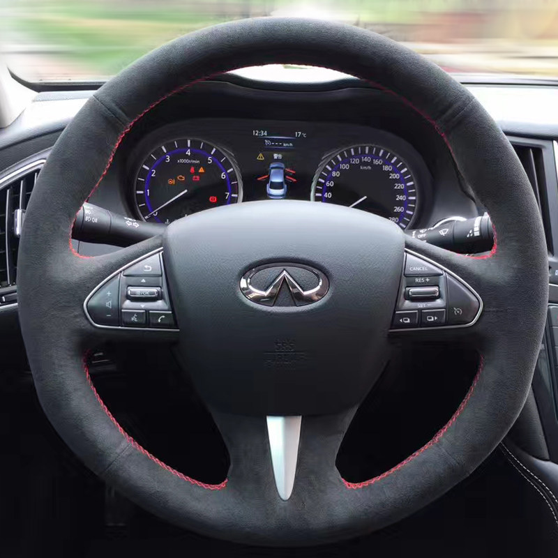 适用新款英菲尼迪Q50L QX60 QX50改装配件翻毛皮手缝真皮方向盘套