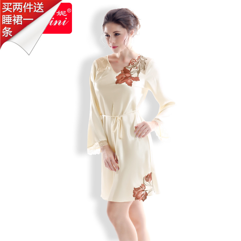 碧美妮真丝睡衣 女士夏季桑蚕丝家居服 性感长袖刺绣睡裙顺丰包邮