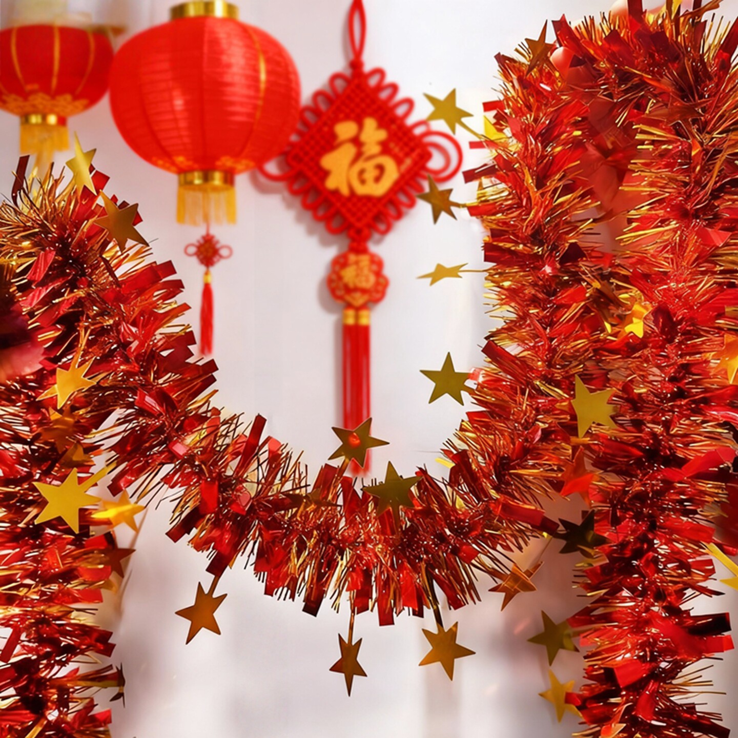 新年装饰毛条茜草福字星星毛条拉花彩带彩条丝带春节酒店布置用品