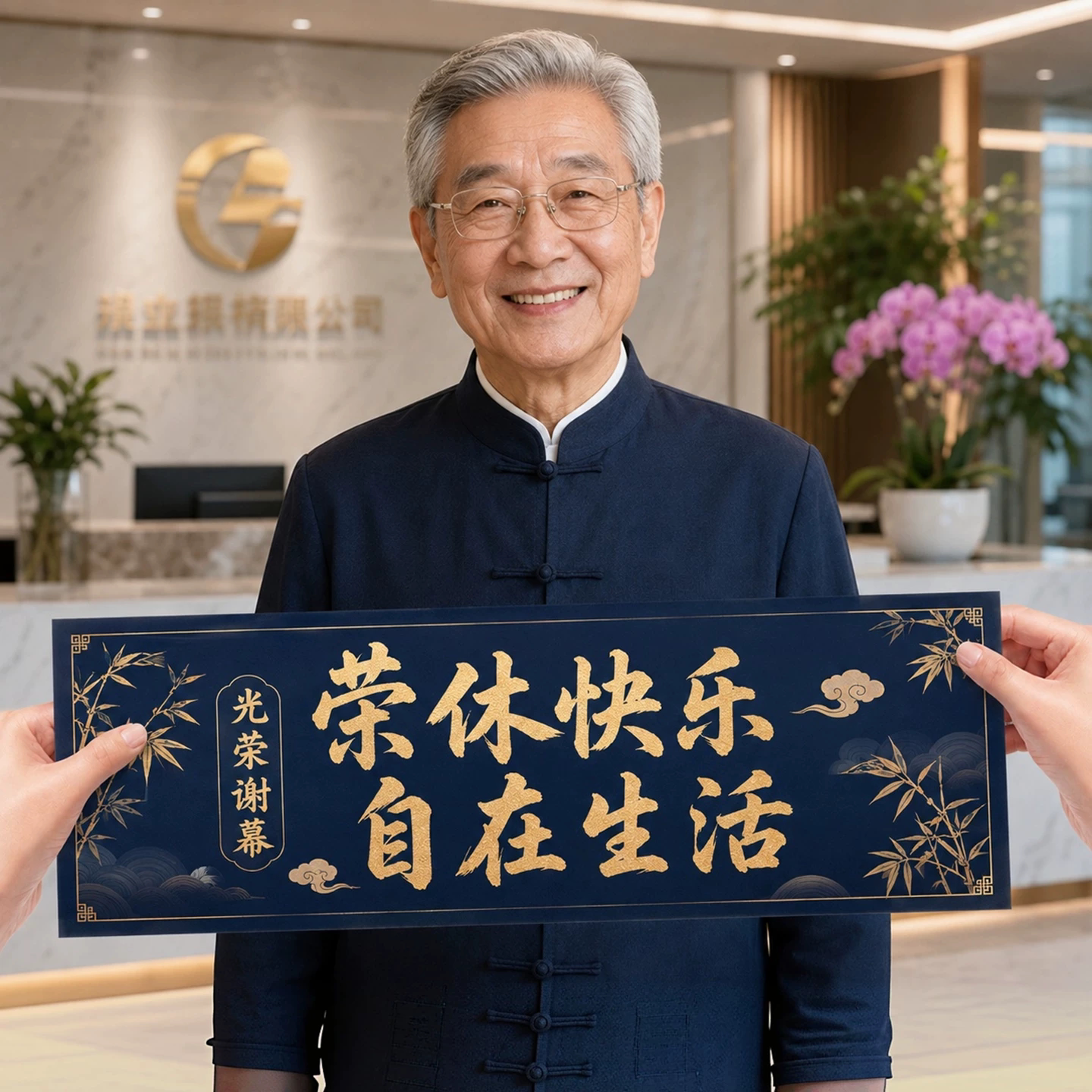 男性退休荣休快乐祝福手拉横幅图片