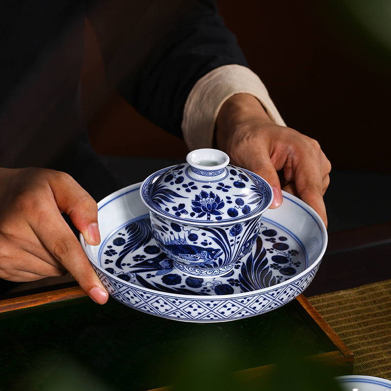 青花瓷鱼藻纹不烫手功夫茶具茶碗