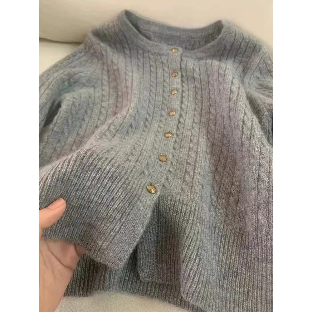 品牌灰色高级100%羊毛针织开衫女秋冬慵懒麻花毛衣外套小香风外穿