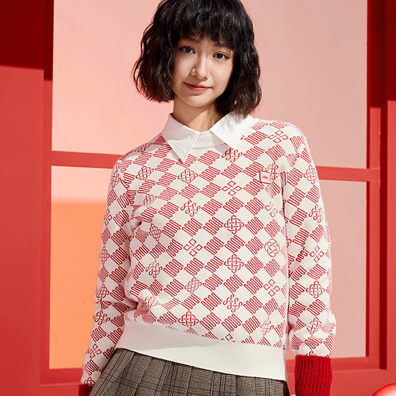 乔丹针织毛衫女新年红色2025春季宽松圆领套头上衣女QDLWX2251849