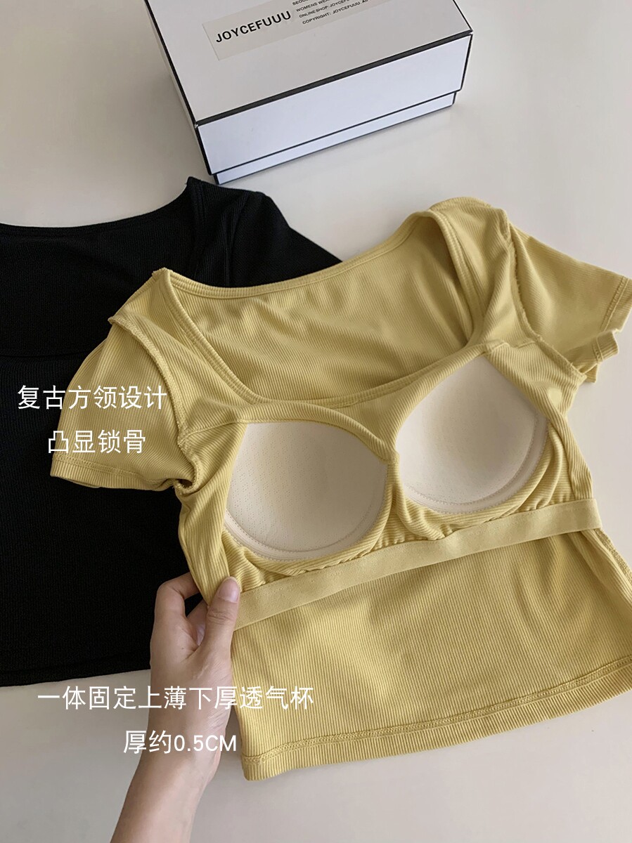 JOYCEBRA 패딩 반팔 티셔츠 브래지어 올인원 편안한 아우터웨어 캐주얼 스포츠 통기성 짧은 탑 여성용