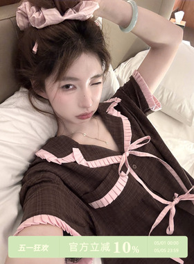 JoyceBra  甜美撞色蝴蝶结格纹睡衣女夏季亲肤舒适短袖家居服套装