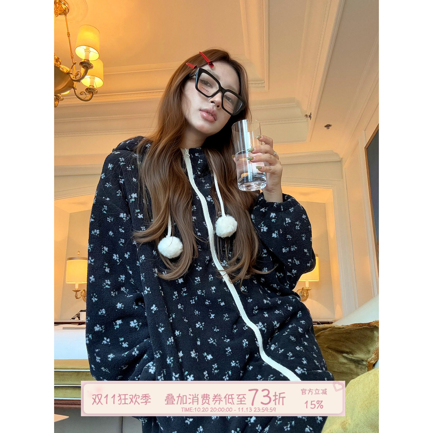 JoyceBra  冬季新款碎花连帽睡衣女加厚保暖珊瑚绒长袖家居服套装