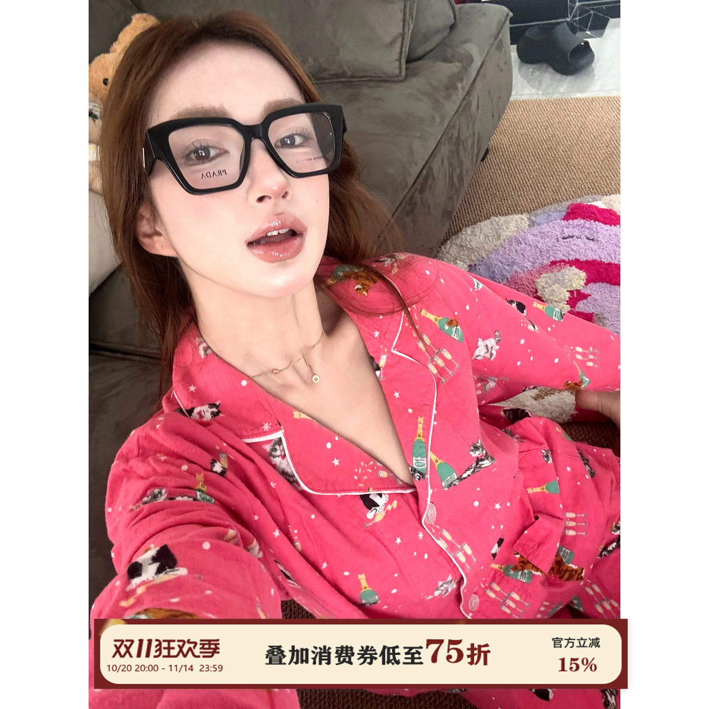 JoyceBra秋冬磨毛卡通猫咪睡衣