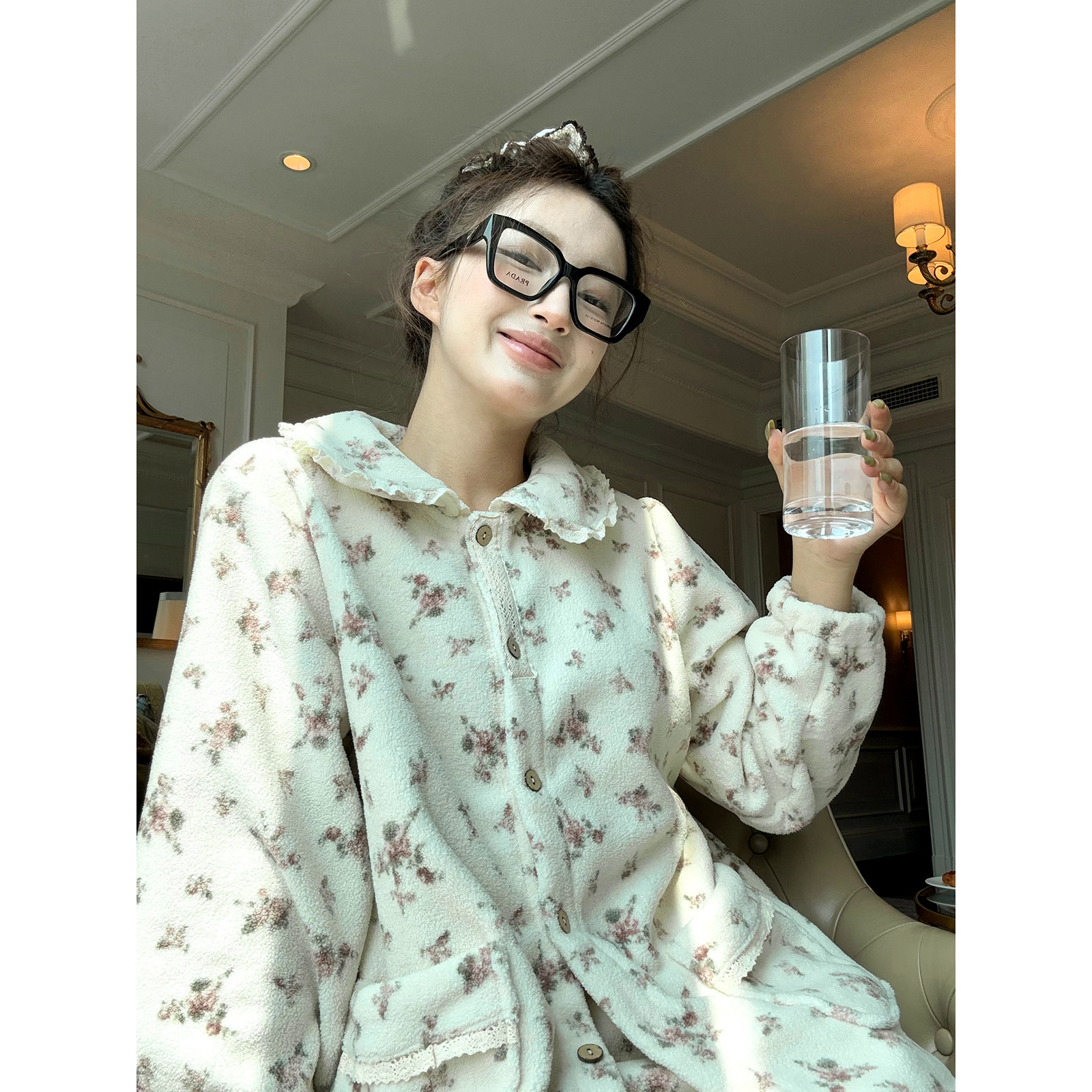 JoyceBra  甜美碎花娃娃领睡衣套装女款冬季加厚珊瑚绒保暖家居服