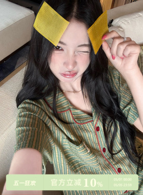 JoyceBra时尚撞色条纹翻领短袖睡衣女夏季新款宽松舒适家居服套装