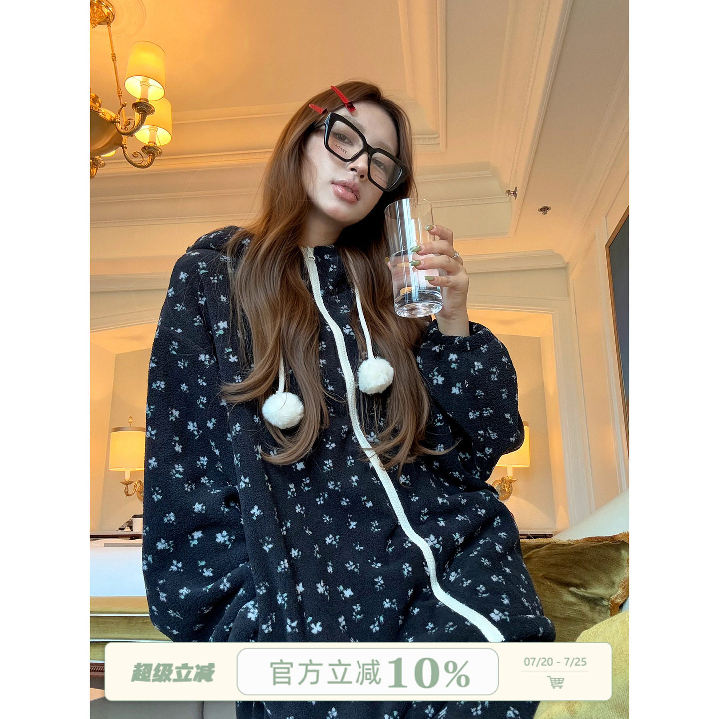 JoyceBra  冬季新款碎花连帽睡衣女加厚保暖珊瑚绒长袖家居服套装