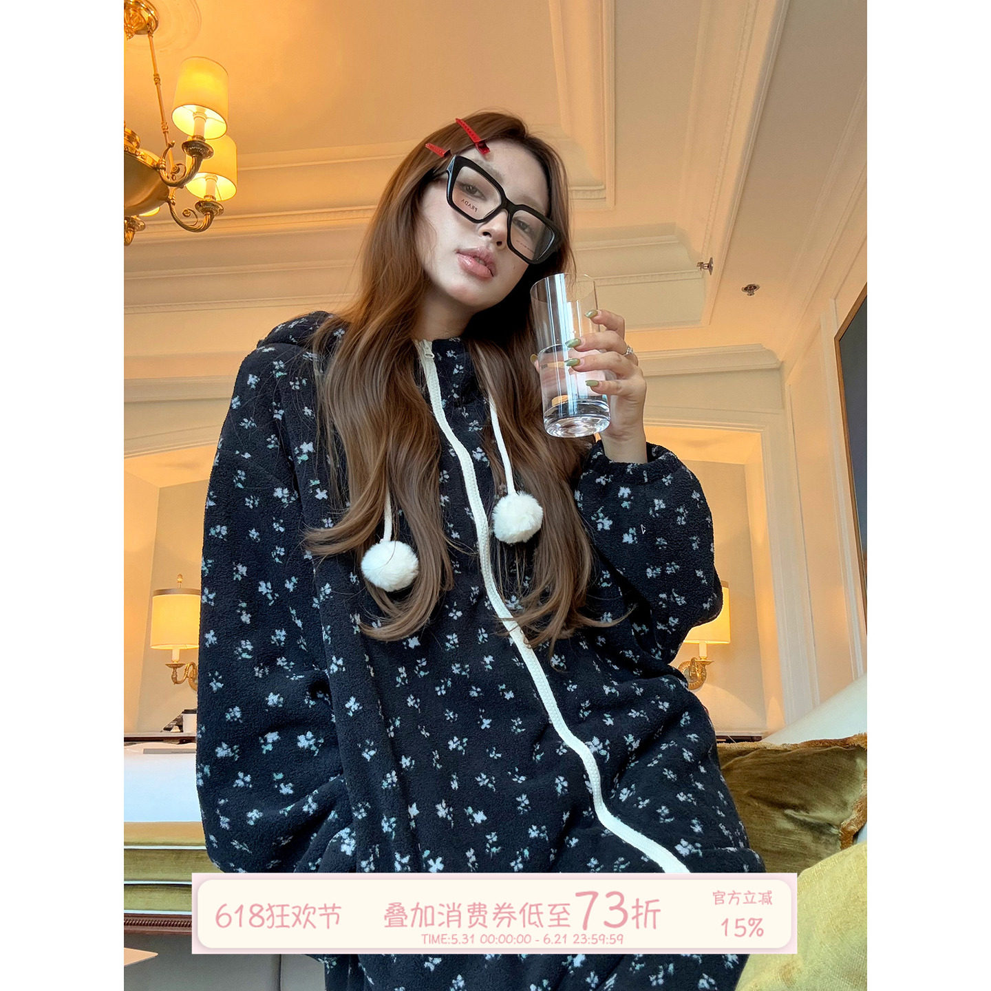 JoyceBra  冬季新款碎花连帽睡衣女加厚保暖珊瑚绒长袖家居服套装