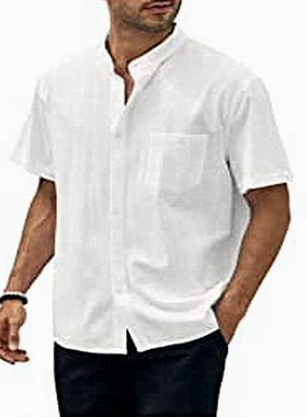 2026跨境亚马逊男士夏季宽松翻领口袋纽扣休闲短袖开衫上衣衬衫