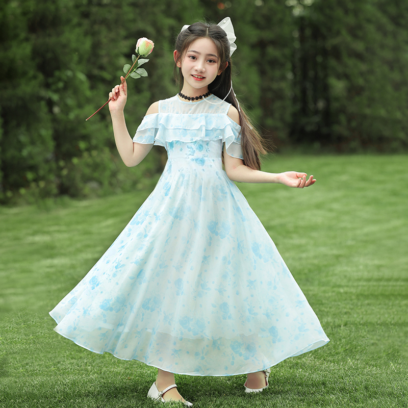 女童连衣裙2025新款夏季中大童沙滩裙儿童公主裙小女孩雪纺碎花裙
