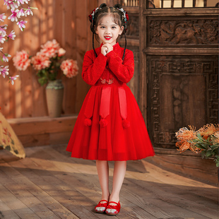 女童连衣裙汉服秋冬新款中国风过年服儿童公主裙小女孩网纱拜年服
