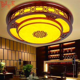 客厅吸顶灯卧室书房阳台节能灯酒店包厢木艺圆形LED灯具 现代中式