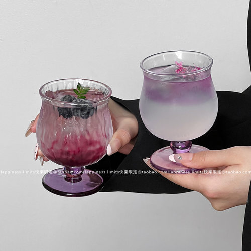 小众复古宝石纹紫色杆玻璃杯ins风矮脚杯热红酒杯果汁杯小甜酒杯