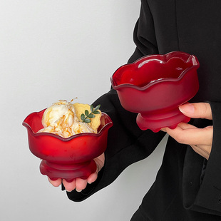 ins磨砂红甜品碗雪糕碗糖水碗酸奶冰淇淋碗果冻燕窝早餐碗