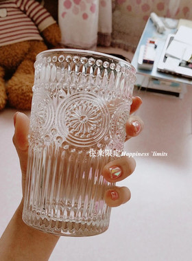 ins风玻璃杯复古浮雕透明水杯女生高颜值可爱高级感家用喝水杯子