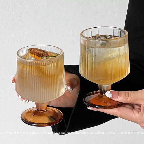 ins竖条纹矮款脚杯子高颜值家用玻璃杯饮料果汁水杯洋酒杯冰淇淋