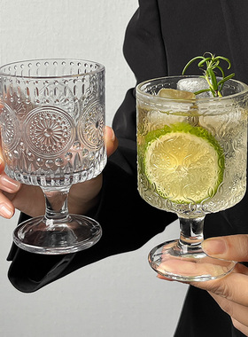 复古ins风太阳花浮雕玻璃杯高颜值酒杯设计感饮料果汁高脚水杯子