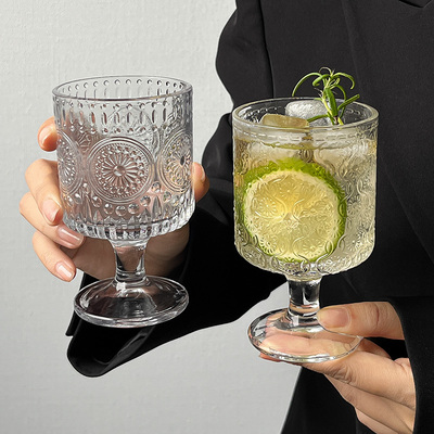 复古ins风太阳花浮雕玻璃杯酒杯