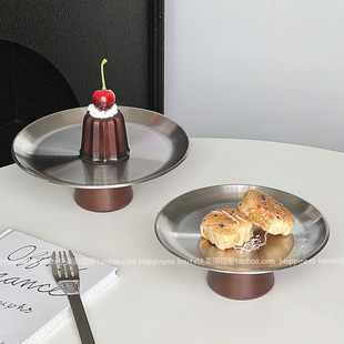 果盘客厅茶几家用轻奢不锈钢零食糖果水果盘相思木高脚托盘甜品盘