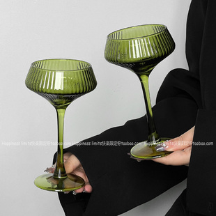 复古绿中古杯条纹高脚杯鸡尾酒杯玻璃红酒香槟杯气泡水杯子雪糕杯