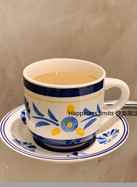 蓝色手绘复古小众陶瓷咖啡杯碟小花花马克杯韩国风摆拍杯碟餐厅