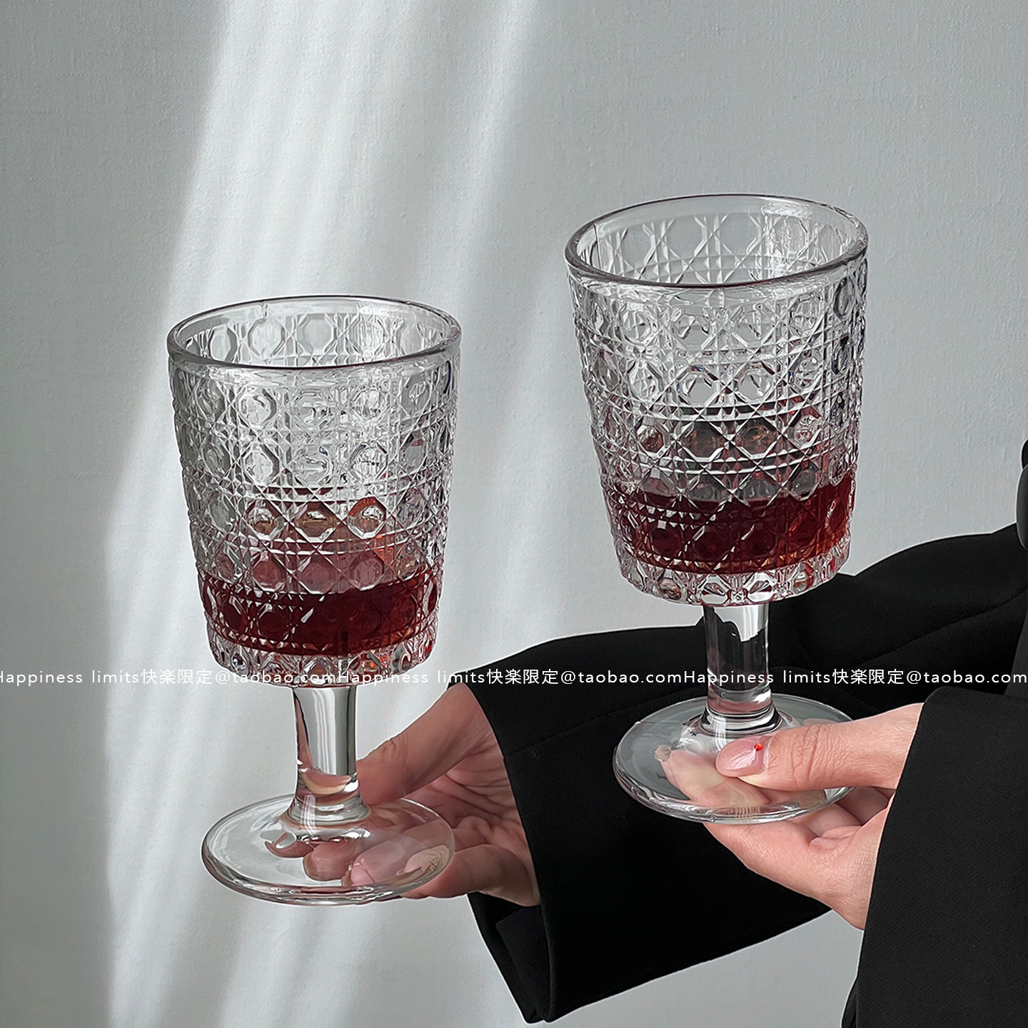 复古宝石纹高脚果汁玻璃杯家用高颜值冰美式咖啡杯红酒杯饮料杯子