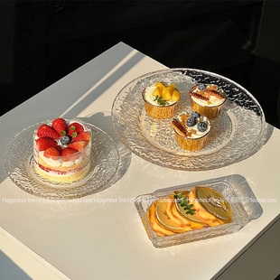 ins欧式 冰纹玻璃托盘带盖带玻璃罩蛋糕盘水果试吃盘甜品点心托盘