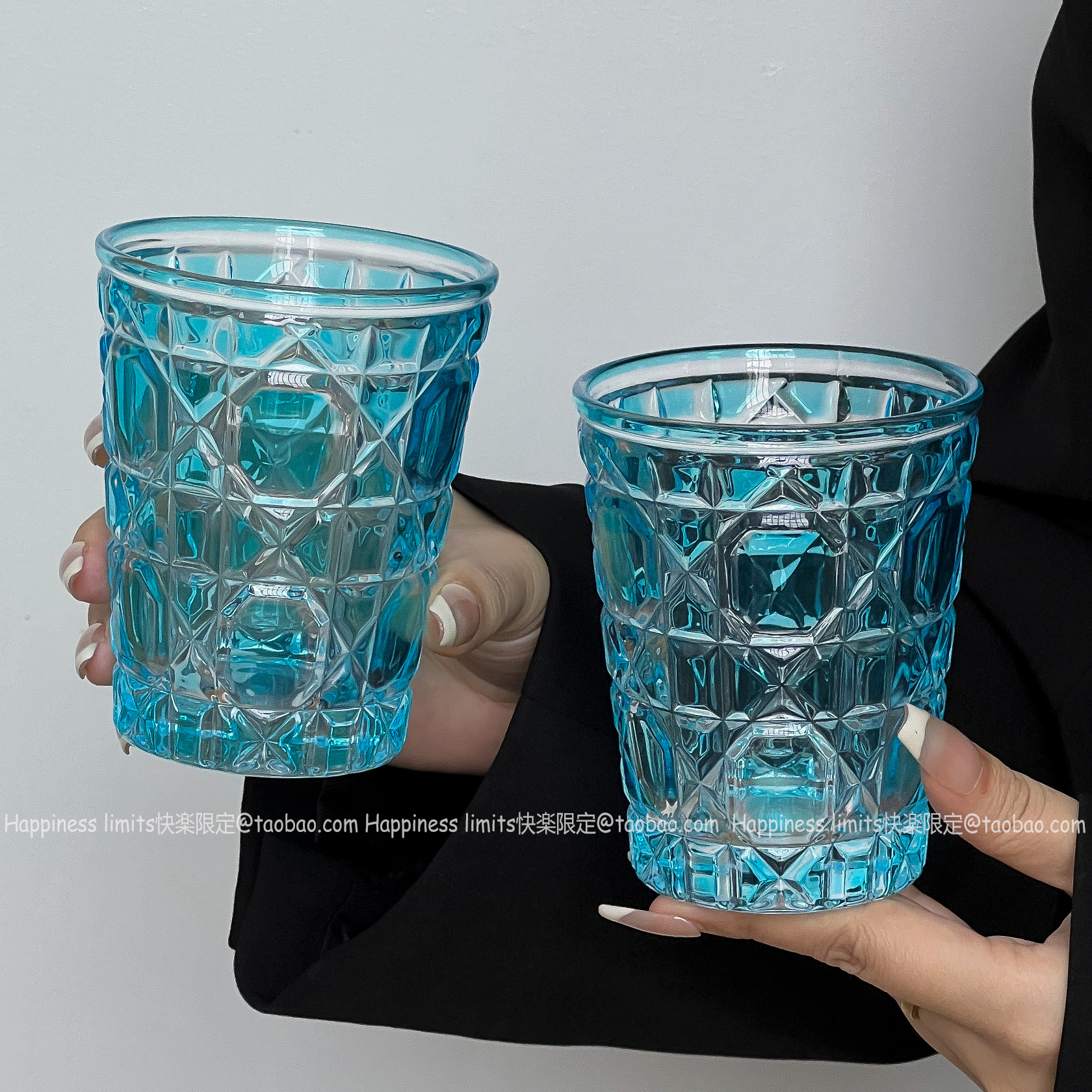 家用水杯轻奢风菱格蓝宝石水晶杯