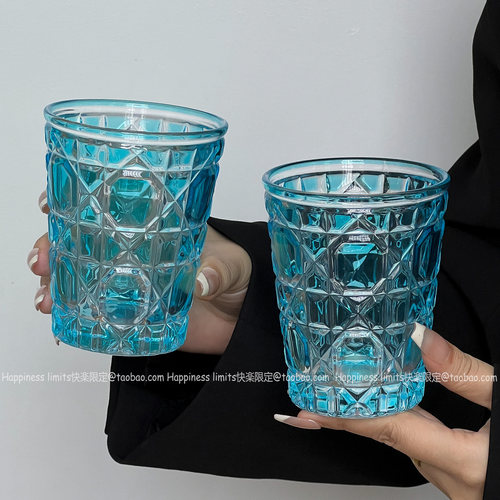 家用水杯轻奢风菱格蓝宝石水晶杯