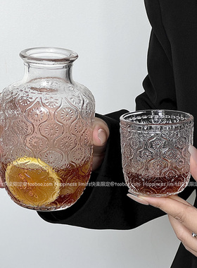 玻璃水杯一壶一杯套装果汁饮料牛奶早餐复古透明浮雕海棠花纹杯子