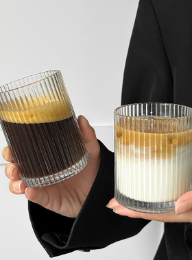 ins简约条纹玻璃杯冰美式拿铁咖啡杯果汁杯冷饮杯家用牛奶杯水杯