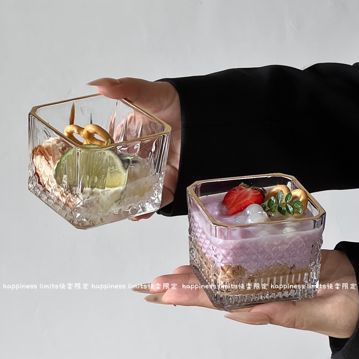 金边玻璃杯ins方形早餐麦片碗冰淇淋酸奶布丁杯甜品碗水果小吃碗