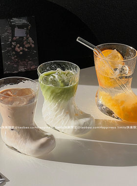 网红ins风创意靴子杯冰美式拿铁咖啡杯果茶杯果汁杯饮品杯玻璃杯