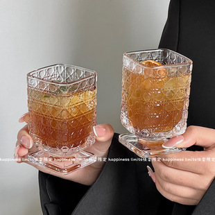ins风刻花矮脚玻璃杯中古创意方形果汁杯气泡水杯冰美式 咖啡杯子
