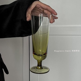 复古渐变绿香槟杯ins风小众高脚杯玻璃杯甜酒杯红酒杯果汁杯 法式