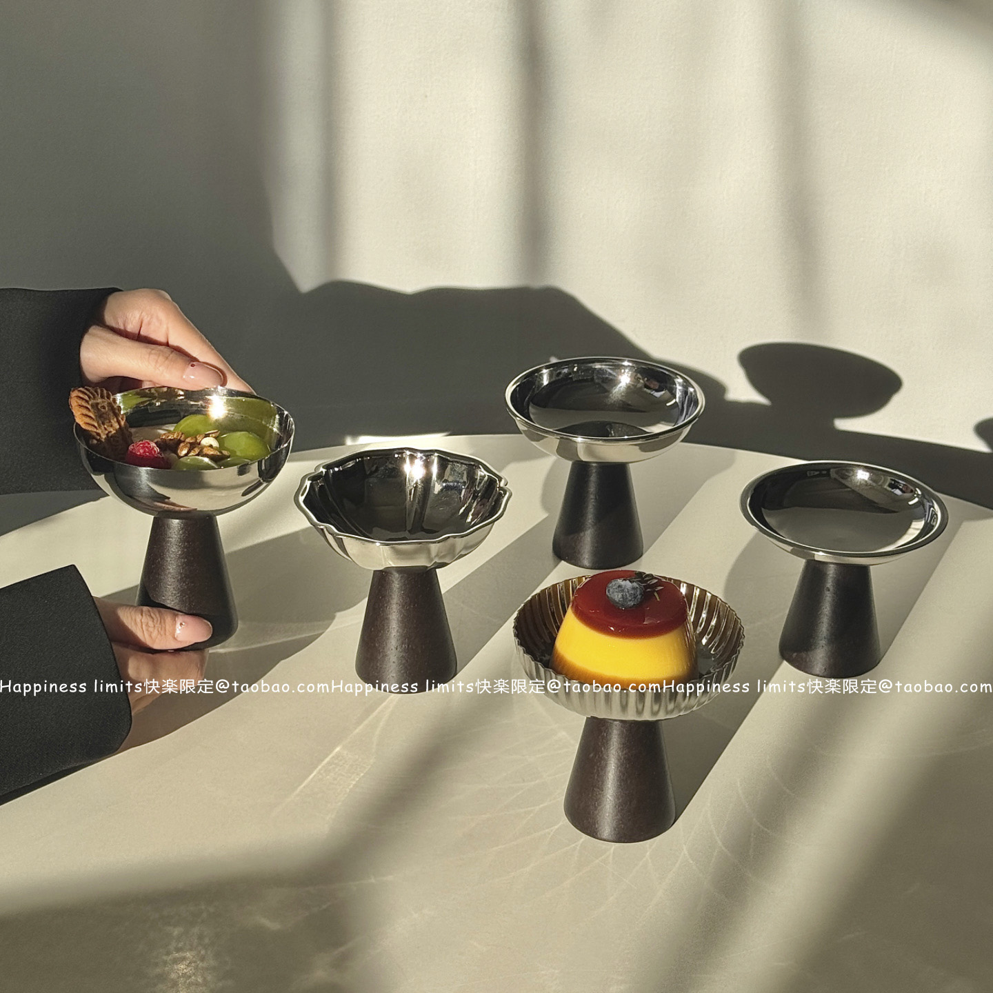 高级感ins风不锈钢木脚甜品高脚杯布丁碗餐厅蛋糕冰淇淋甜品小碗