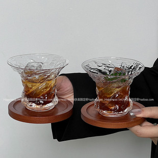 小众高级感轻薄折纹反口玻璃水杯饮品杯咖啡拿铁果汁特调鸡尾酒杯