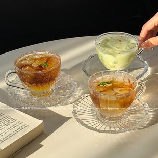 新款 北欧ins网红咖啡馆复古浮雕咖啡杯碟单品拿铁杯玻璃茶杯茶杯