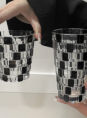 中古高级感黑色格子玻璃杯创意艺术感喝水杯威士忌杯果汁杯饮料杯