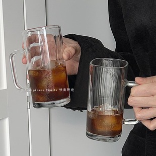 简约风ins玻璃带把直身方杯小众设计牛奶杯饮料杯奶昔杯咖啡杯