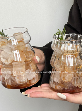 小众复古竖纹圣诞树玻璃杯耐高温拿铁杯咖啡杯果汁杯冷饮杯带吸管