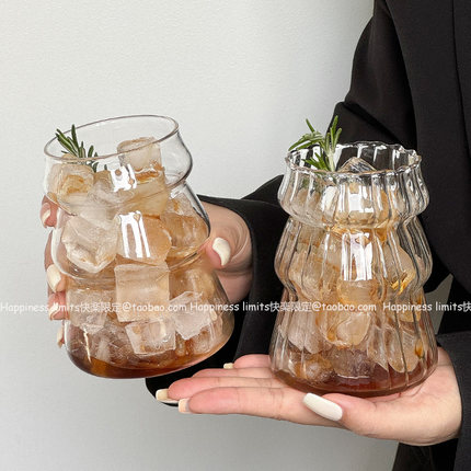小众复古竖纹圣诞树玻璃杯耐高温拿铁杯咖啡杯果汁杯冷饮杯带吸管
