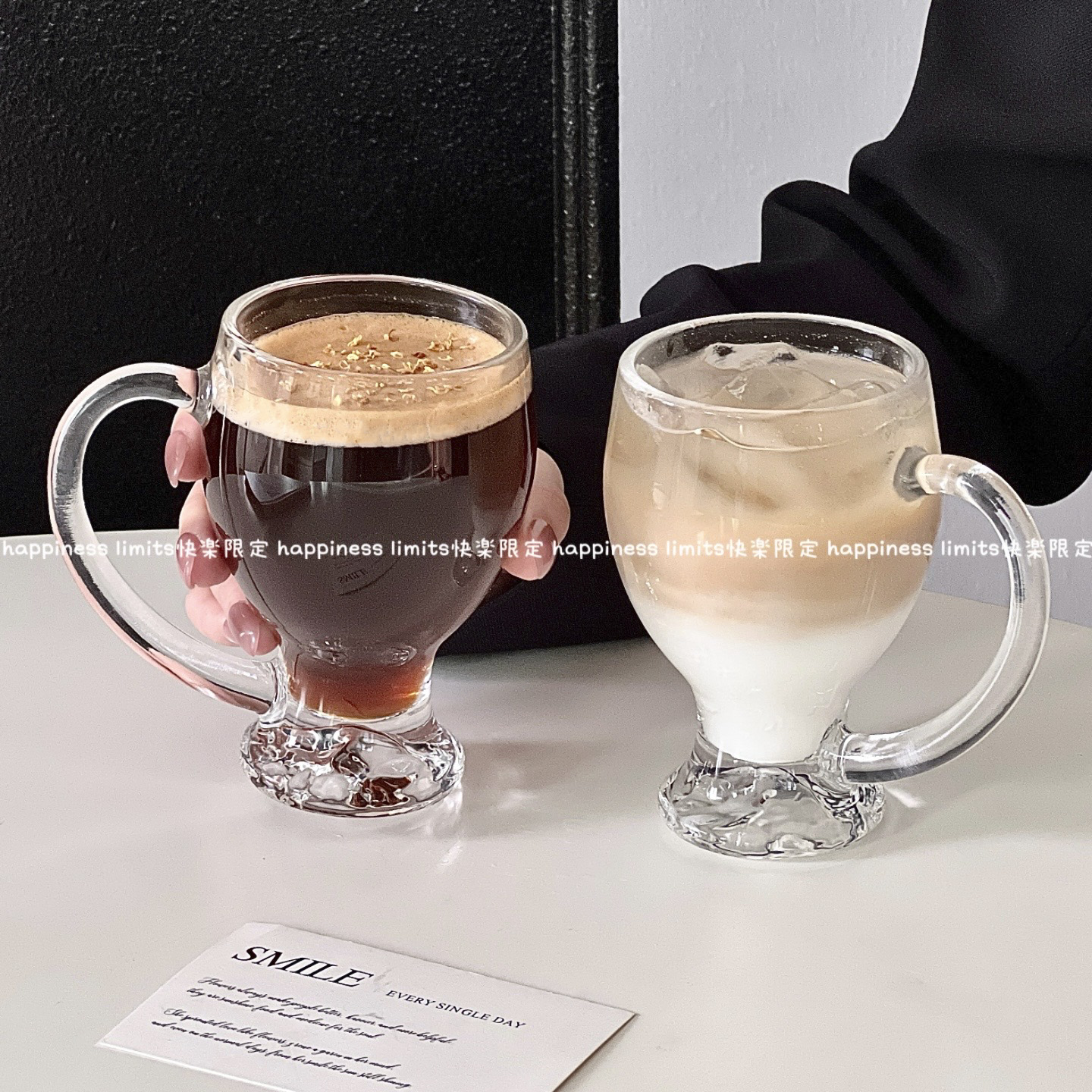 创意山底玻璃杯家用带把美式拿铁咖啡杯果汁杯冷饮杯饮料杯喝水杯