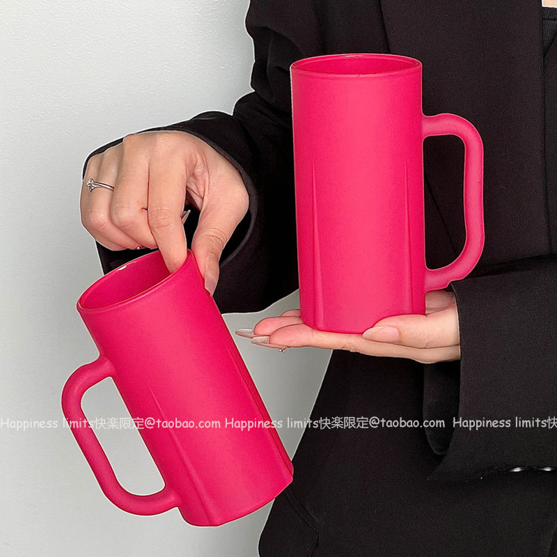 ins复古玫紫色大把手带把直身杯家用大容量水杯玻璃杯牛奶杯