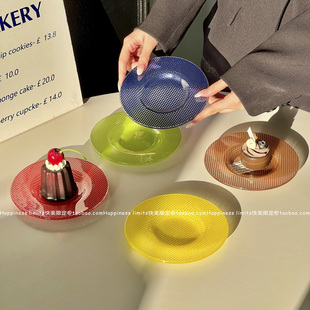 复古彩色创意格纹玻璃餐盘沙拉盘甜点盘家用餐盘水果盘多巴胺餐具