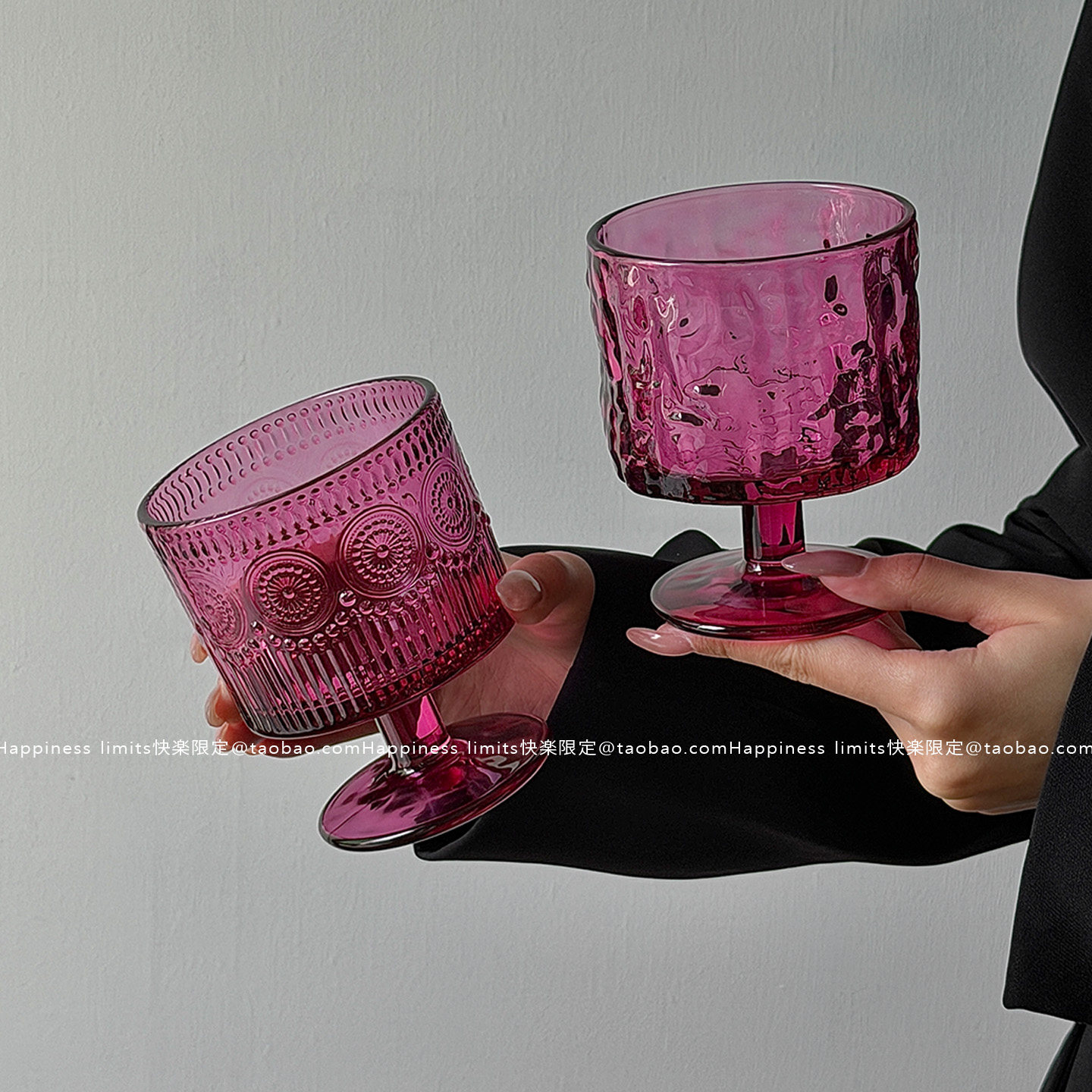 小众设计中古玫红色杯ins树皮纹玻璃杯高脚酒杯高颜值礼物果汁杯