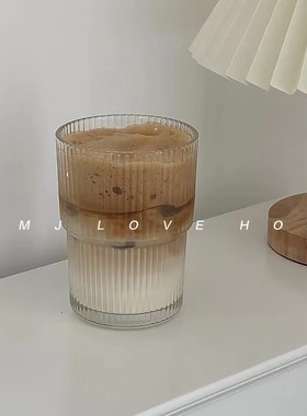 ins竖条纹玻璃咖啡杯带盖带吸管水杯家用高颜值冰美式拿铁牛奶杯